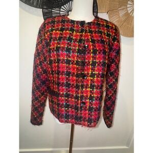 Talbots Women Plaid Tweed Blazer Jacket Red Black Yellow Multicolor Button Front